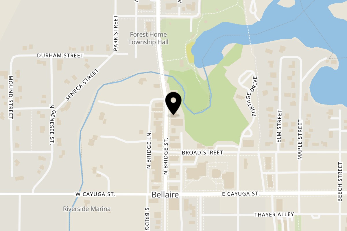 Map showing the location of Toonie's Fish & Steak House on 216 N Bridge St in Bellaire